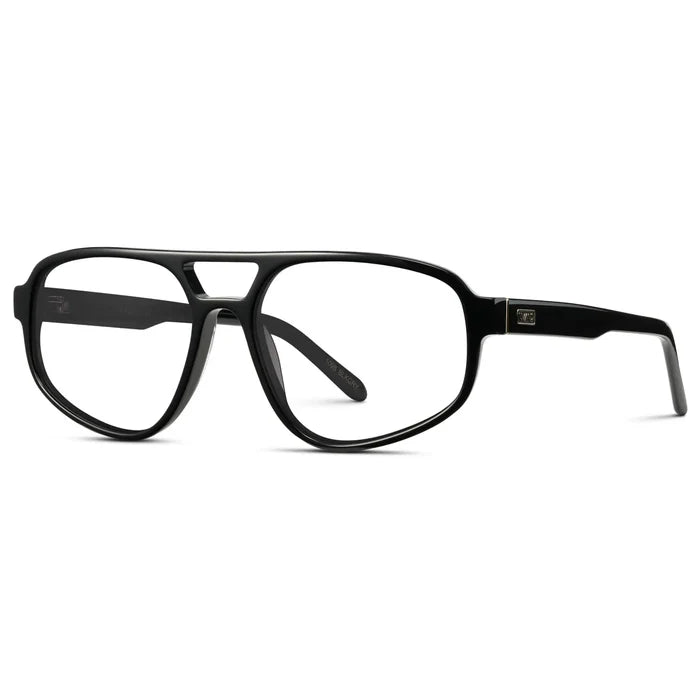 Black || Side view of Women's Aviator Prescription Glasses with Black Frame and Clear Lenses on a white background