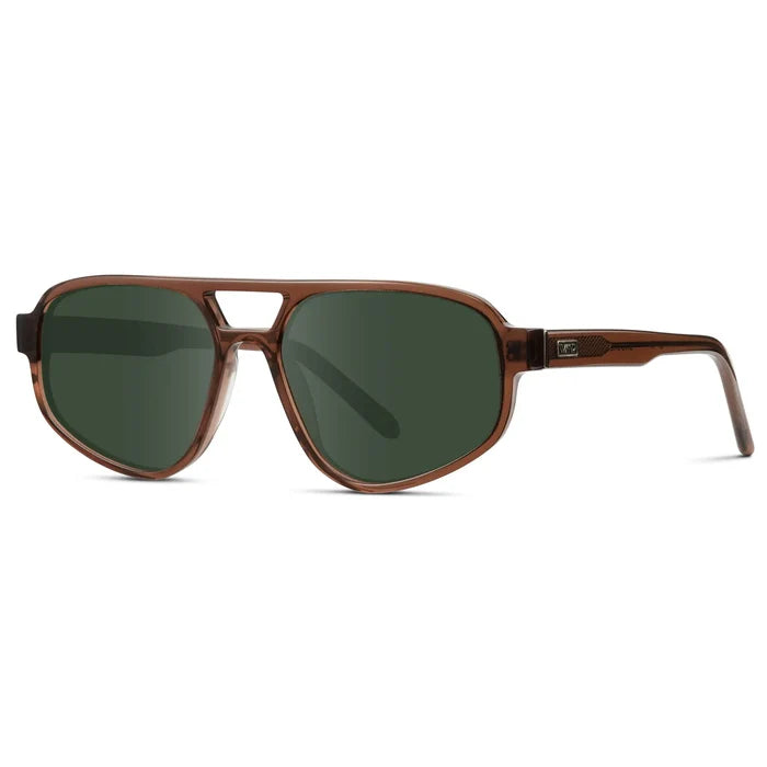 Crystal Brown / G15 || Side view of Modern Aviator Prescription Sunglasses with Crystal Brown Acetate Frame and Green Lenses on a white background