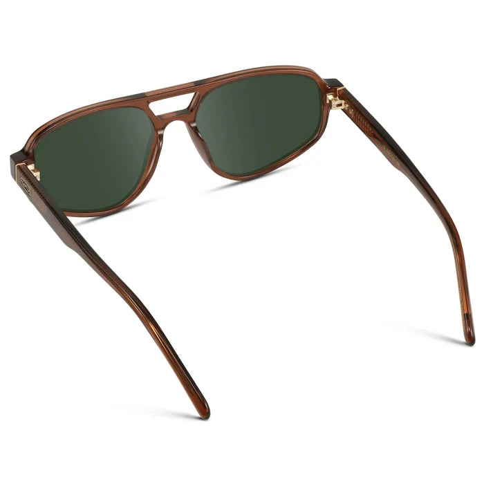 Crystal Brown / G15 || Back view of Modern Aviator Prescription Sunglasses with Crystal Brown Acetate Frame and Green Lenses on a white background