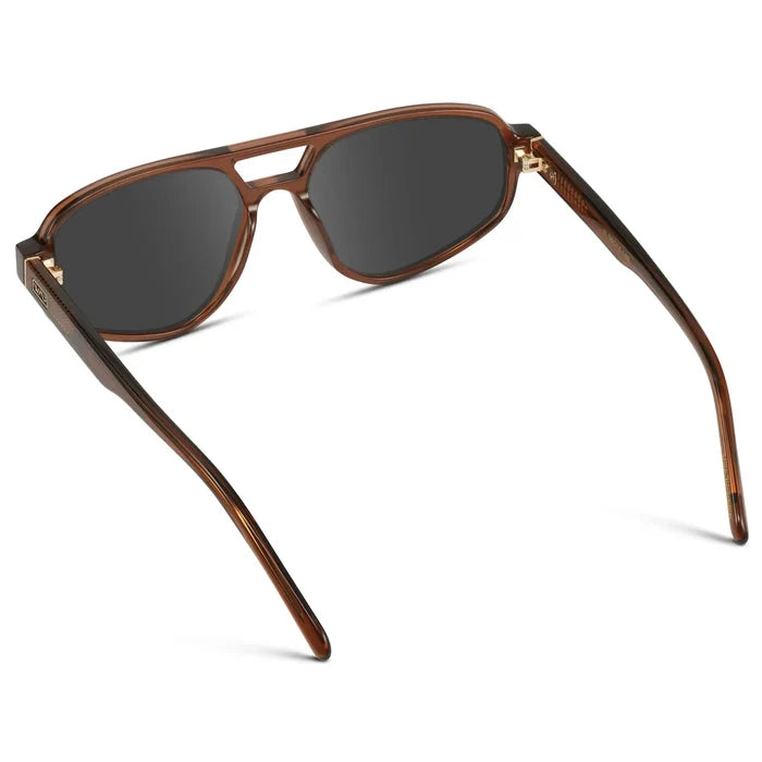 Crystal Brown / Grey || Back view of Modern Aviator Prescription Sunglasses with Crystal Brown Acetate Frame and Grey Lenses on a white background