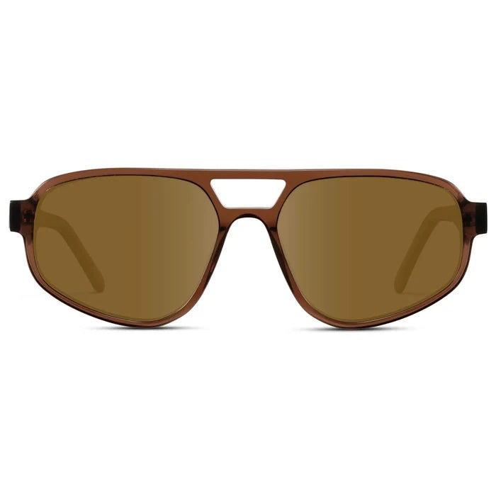 Crystal Brown / Amber || Modern Aviator Prescription Sunglasses with Crystal Brown Acetate Frame and Brown lenses on a white background