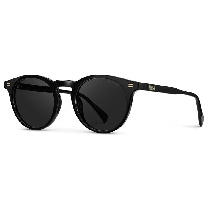 Black / Black Lens || Side view of Men's Round Sports Performance Sunglasses with Black Acetate Frame and Black Polarized Oleophobic Lens on a white background