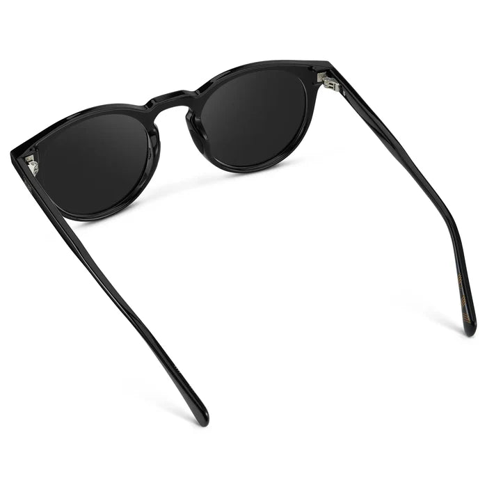 Back view of Men's Round Sports Performance Sunglasses with Black Acetate Frame and Black Polarized Oleophobic Lens on a white background