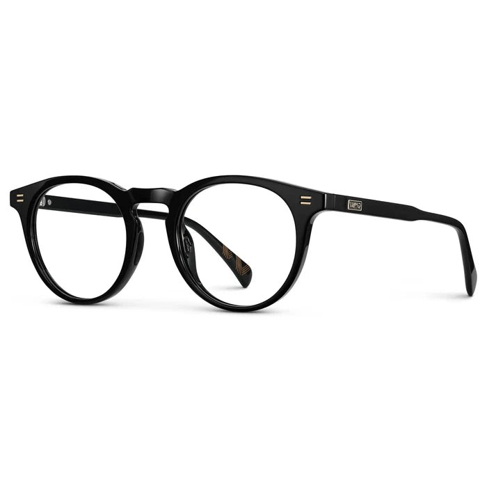 Black || Side view of Men's Round Prescription Glasses with Black Frame and Clear Lens on a white background