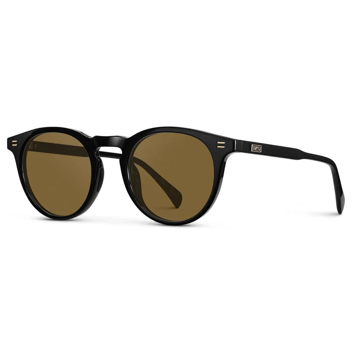 Black / Amber || Side view of Men's Round Prescription Sunglasses with Black Frame and Brown Lens on a white background