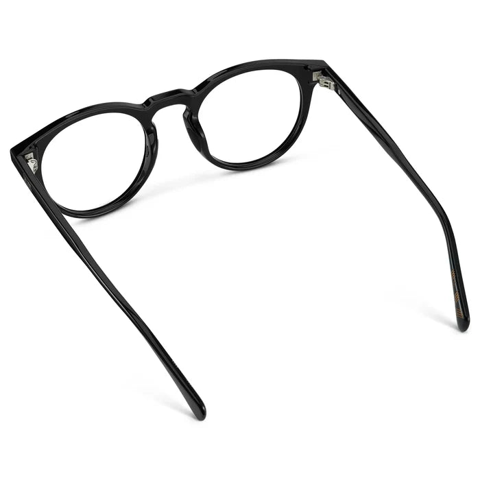 Black || Back view of Men's Round Prescription Glasses with Black Frame and Clear Lens on a white background