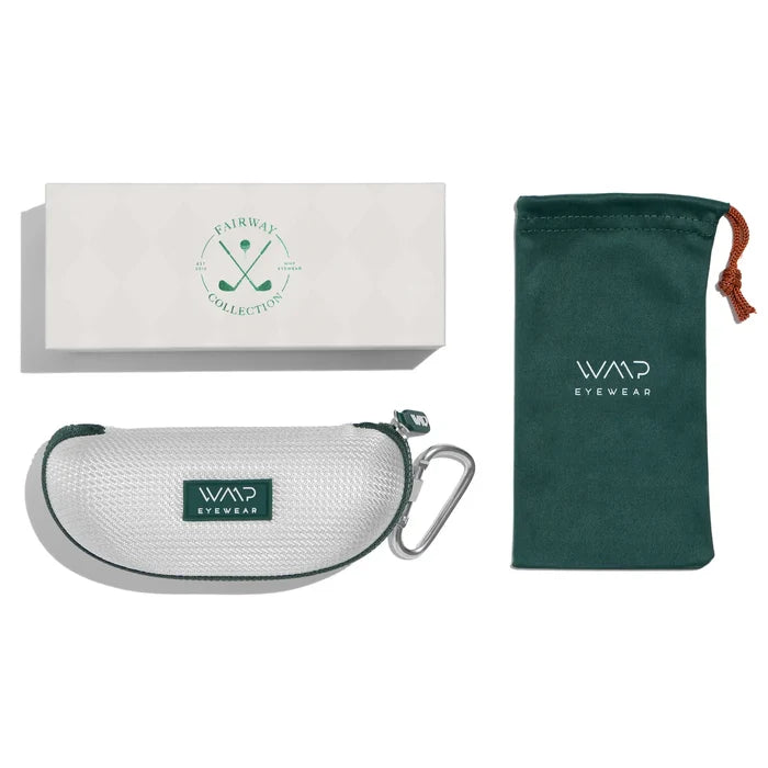 Black || Golf Packaging with White Box, White Hard Shell Case with Green Zipper and Green Microfiber Pouch