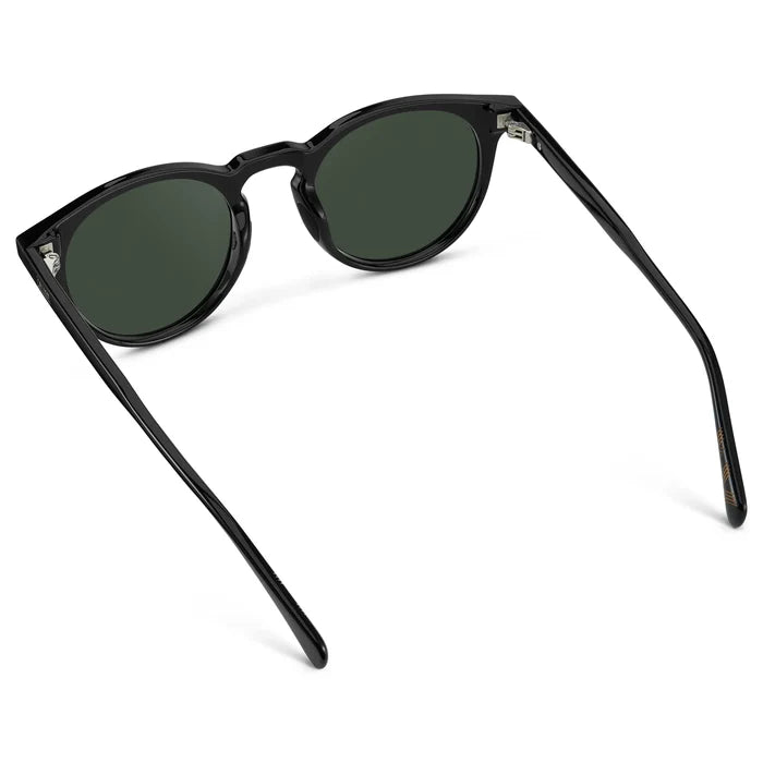Black / G15 || Back view of Men's Round Prescription Sunglasses with Black Frame and Green Lens on a white background