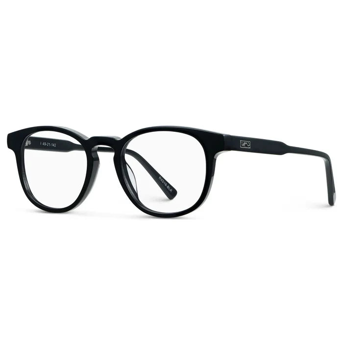 Black || Side view of Unisex Round Eyeglasses with Black Acetate Frame and Clear Prescription Lens on a white background