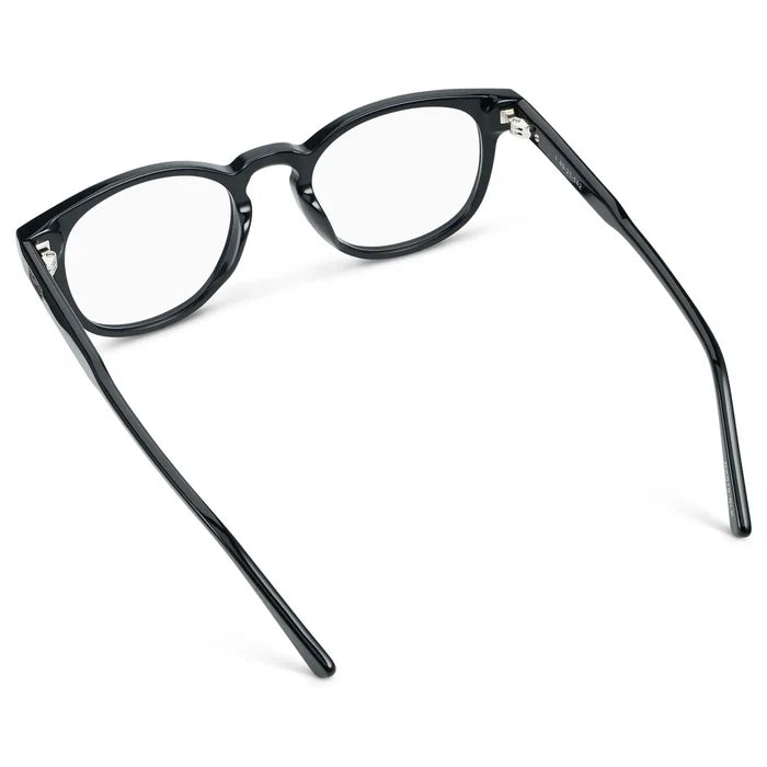 Black || Back view of Unisex Round Eyeglasses with Black Acetate Frame and Clear Prescription Lens on a white background