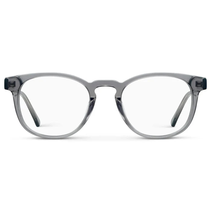 Crystal Grey || Unisex Round Eyeglasses with Crystal Grey Acetate Frame and Clear Prescription Lens on a white background