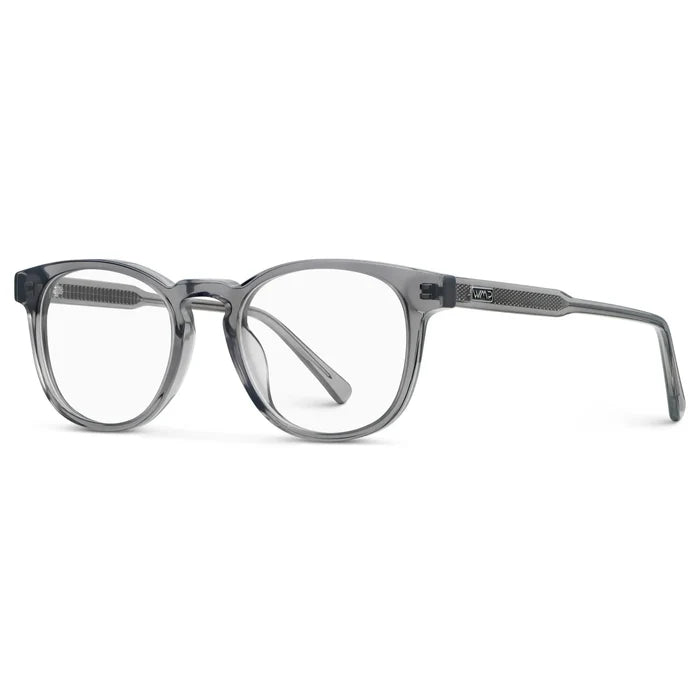Crystal Grey || Side view of Unisex Round Eyeglasses with Crystal Grey Acetate Frame and Clear Prescription Lens on a white background