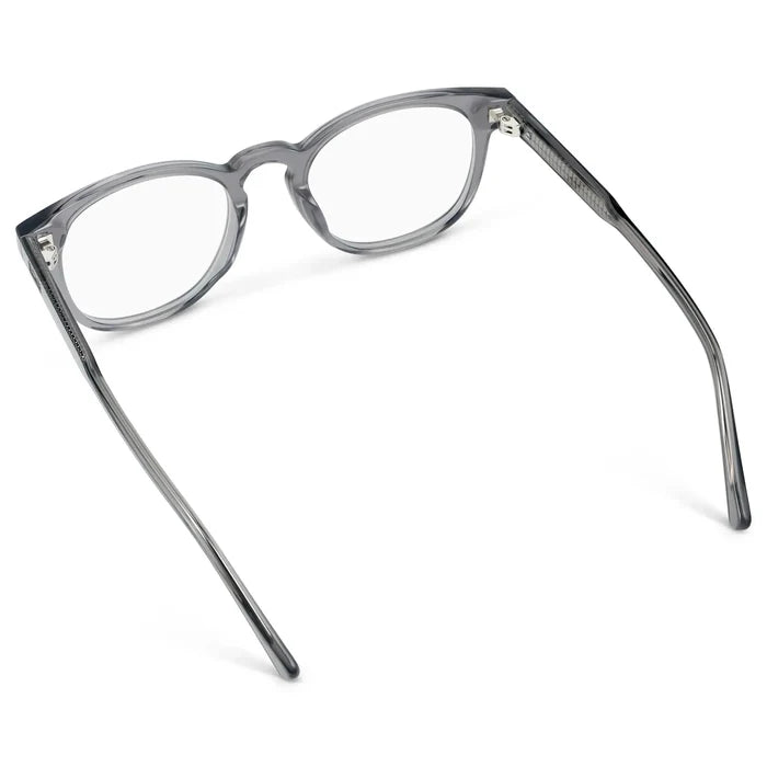 Crystal Grey || Back view of Unisex Round Eyeglasses with Crystal Grey Acetate Frame and Clear Prescription Lens on a white background