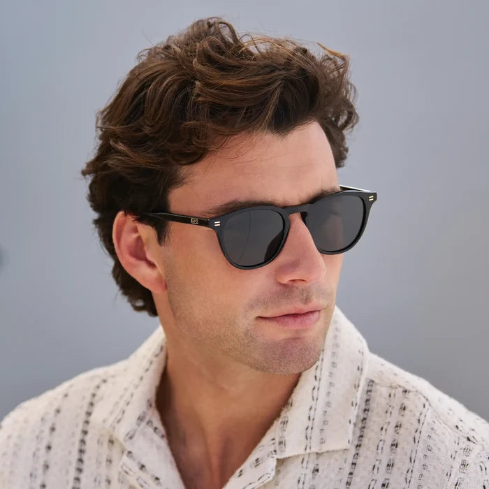 Black / Triple Black Lens || Model wearing Men's Round Polarized Sunglasses with Black Frame and Black Lenses
