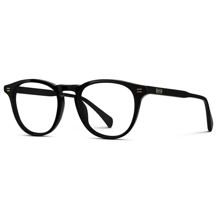 Black || Side view of Men's Round Prescription Glasses with Black Frame and Clear Lenses on a white background