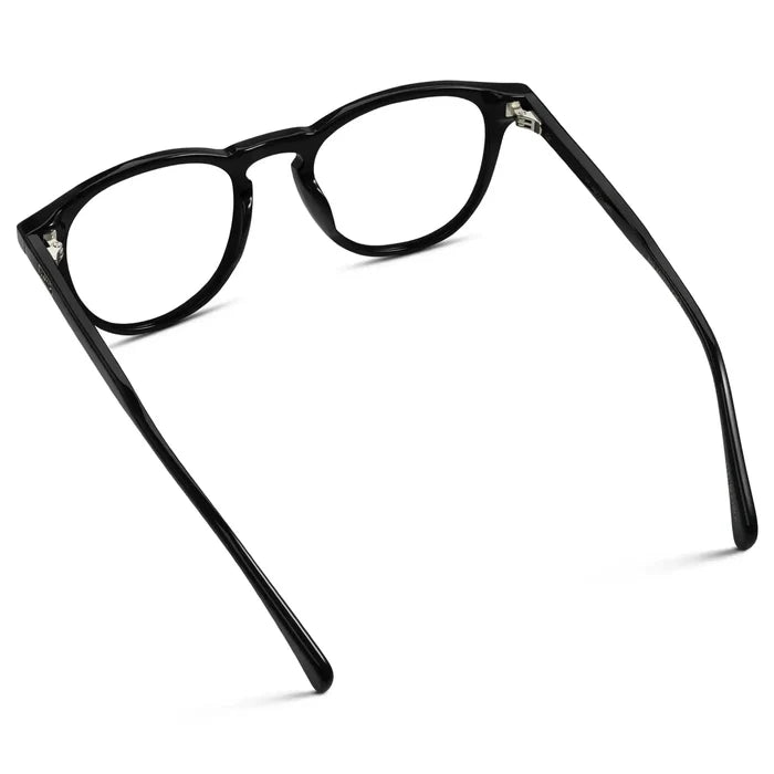 Black || Back view of Men's Round Prescription Glasses with Black Frame and Clear Lenses on a white background