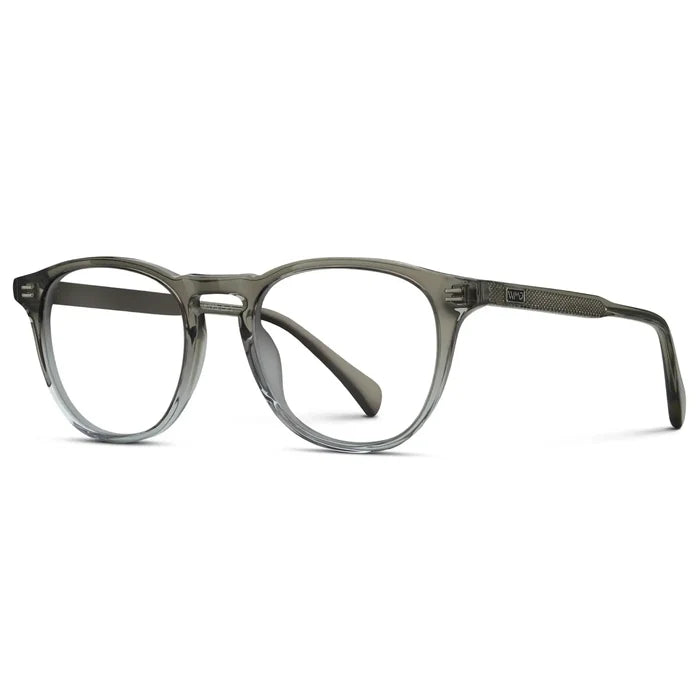 Charcoal Grey || Side view of Men's Round Prescription Glasses with Charcoal Grey Frame and Clear Lenses on a white background