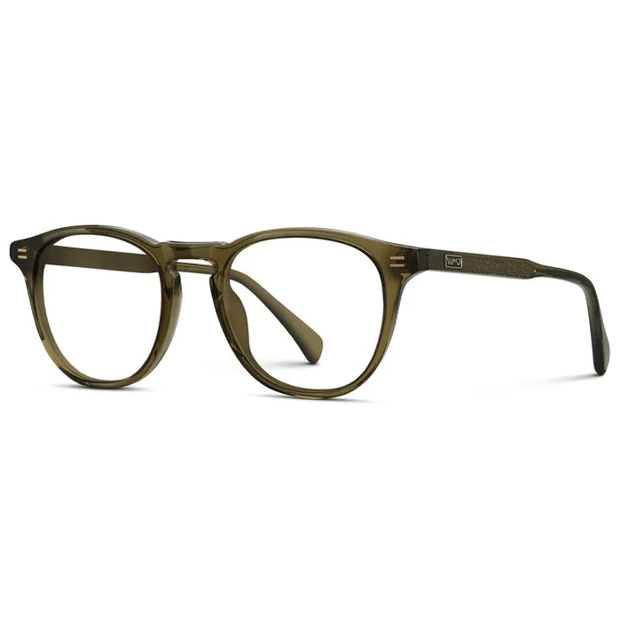 Khaki Green || Side view of Men's Round Prescription Glasses with Khaki Green Frame and Clear Lenses on a white background