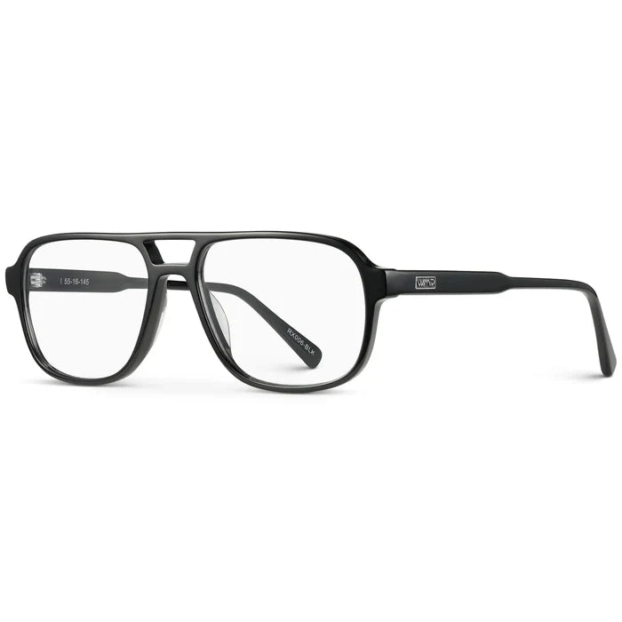 Black || Side view of Black Acetate Frame with Blue Light blocking clear lens on a white background