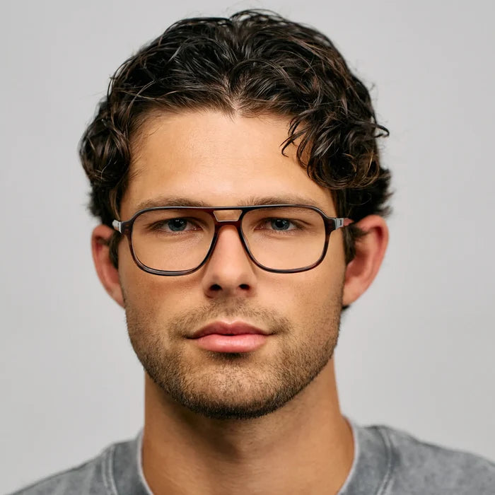 Mesquite Grain Brown || Blue light glasses with slim dark brown aviator frames worn by man against neutral background