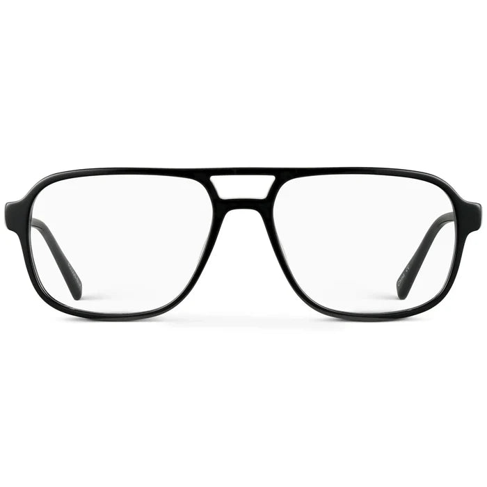 Black || Men's Double Bridge Aviator Prescription Glasses with Black Acetate Frame and Clear Lenses on a white background