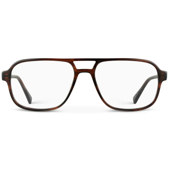 Mesquite Grain Brown || Men's Double Bridge Aviator Prescription Glasses with Brown Acetate Frame and Clear Lenses on a white background