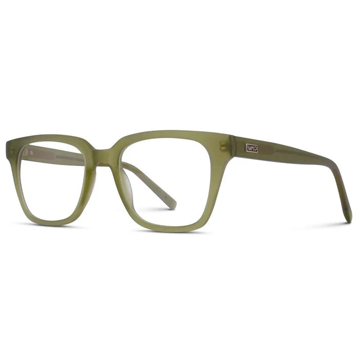 Frosted Khaki Green || Side view of Men's Prescription Glasses with Frosted Khaki Green Frame and Clear Lenses on a white background