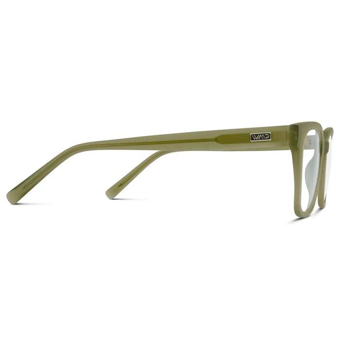 Frosted Khaki Green || Temple view of Men's Prescription Glasses with Frosted Khaki Green Frame and Clear Lenses on a white background