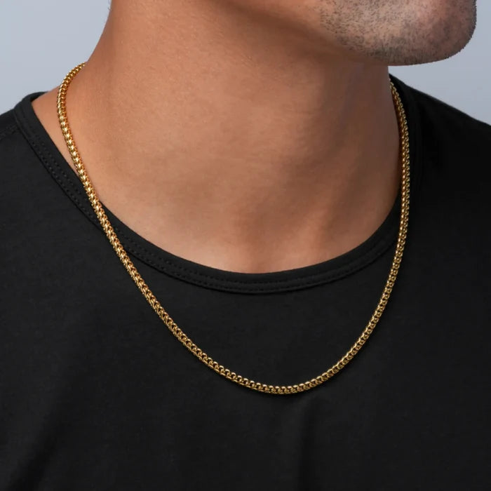 Gold / 22" || Man wearing Gold Block Chain Necklace with a black shirt