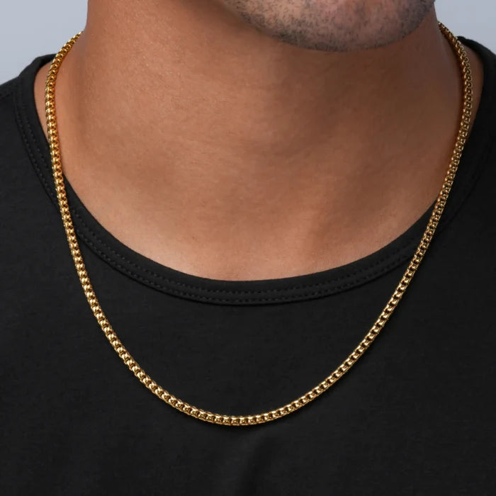 Gold / 22" || Man wearing Gold Block Chain Necklace with a black shirt