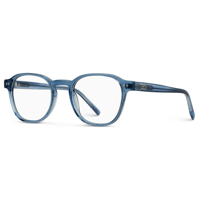 Pacific Blue || Side view of Men's Modern Geometric Square Blue Light Blocing Glasses with Pacific Blue Acetate Frame and Clear Lens on a white background