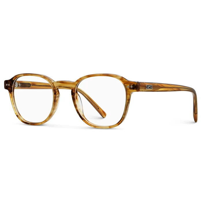 Crystal Brown Grain || Side view of Men's Modern Geometric Square Blue Light Blocking Glasses with Crystal Brown Grain Acetate Frame and Clear Lens on a white background