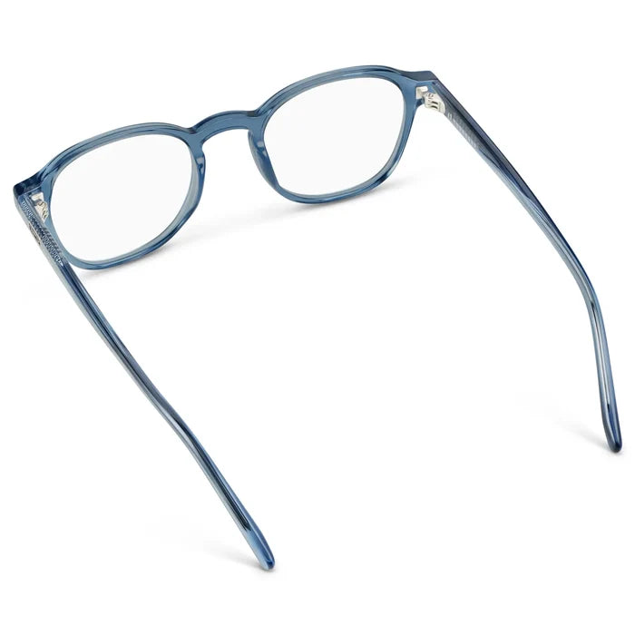 Pacific Blue || Back view of Men's Modern Geometric Square Eyeglasses with Pacific Blue Acetate Frame and Clear Prescriptions Lens on a white background