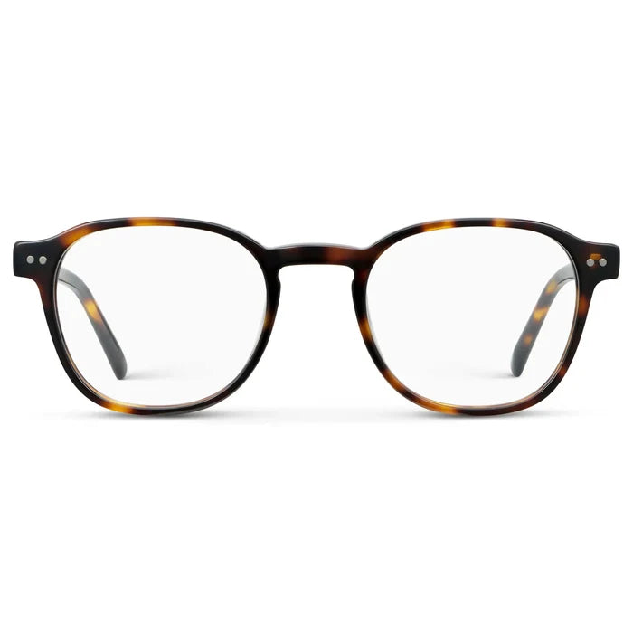 Whiskey Tortoise || Men's Modern Geometric Square Eyeglasses with Whiskey Tortoise Acetate Frame and Clear Prescriptions Lens on a white background