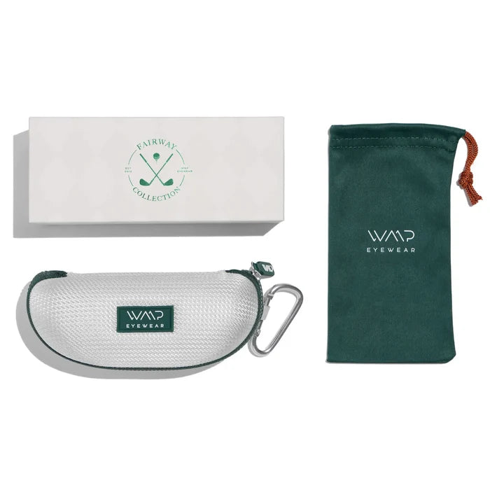 Black || Golf Packaging with White Box, White Hard Shell Case with Green Zipper and Green Microfiber Pouch