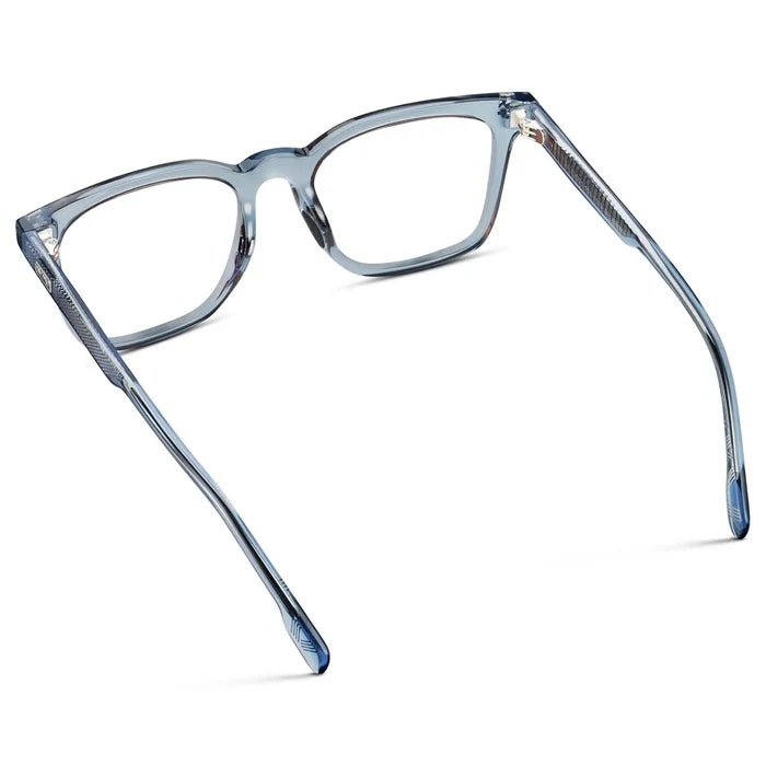 Denim Blue || Back view of Men's Classic Rectangular Golf and Sport Eyeglasses with Denim Blue Acetate Frame and Clear Prescription Lens on a white background