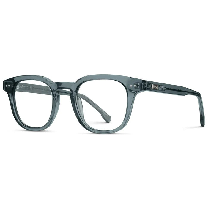 Crystal Stone Blue || Side view of Men's Square Prescription Eyeglasses with Crystal Blue Acetate Frame and Clear Prescription Lenses on a white background