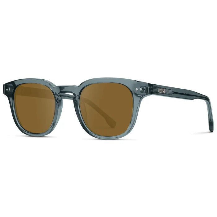 Crystal Stone Blue / Amber || Side view of Men's Square Prescription Sunglasses with Blue Acetate Frame and Brown Prescription Lenses