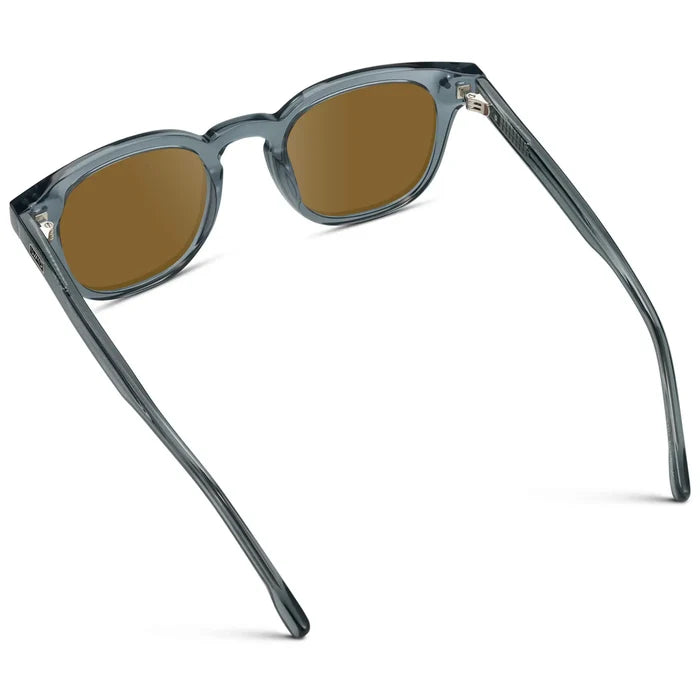 Crystal Stone Blue / Amber || Back view of Men's Square Prescription Sunglasses with Blue Acetate Frame and Brown Prescription Lenses