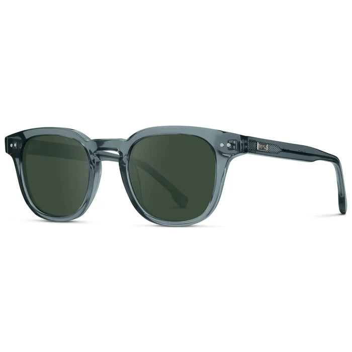Crystal Stone Blue / G15 || Side view of Men's Square Prescription Sunglasses with Blue Acetate Frame and Green Prescription Lenses