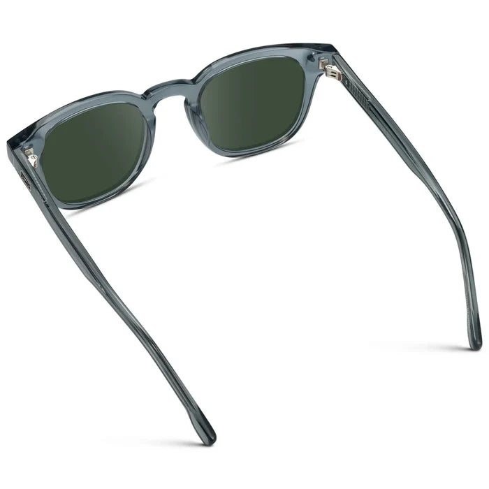 Crystal Stone Blue / G15 || Back view of Men's Square Prescription Sunglasses with Blue Acetate Frame and Green Prescription Lenses