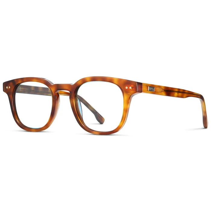Saddlewood Tortoise || Side view of Men's Square Prescription Eyeglasses with Orange Tortoise Acetate Frame and Clear Prescription Lenses on a white background