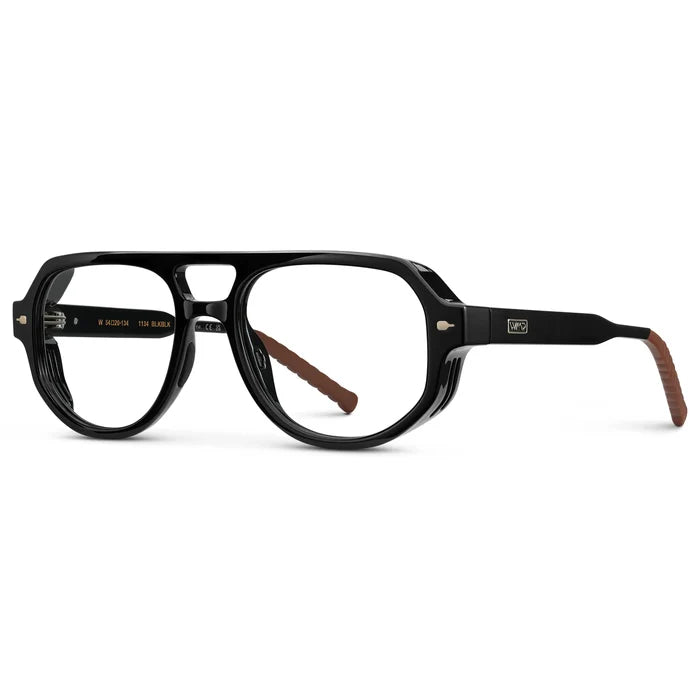 Black || Side view of Men's Geometric Aviator Prescription Eyeglasses with Black Frame and Clear Lens on a white background