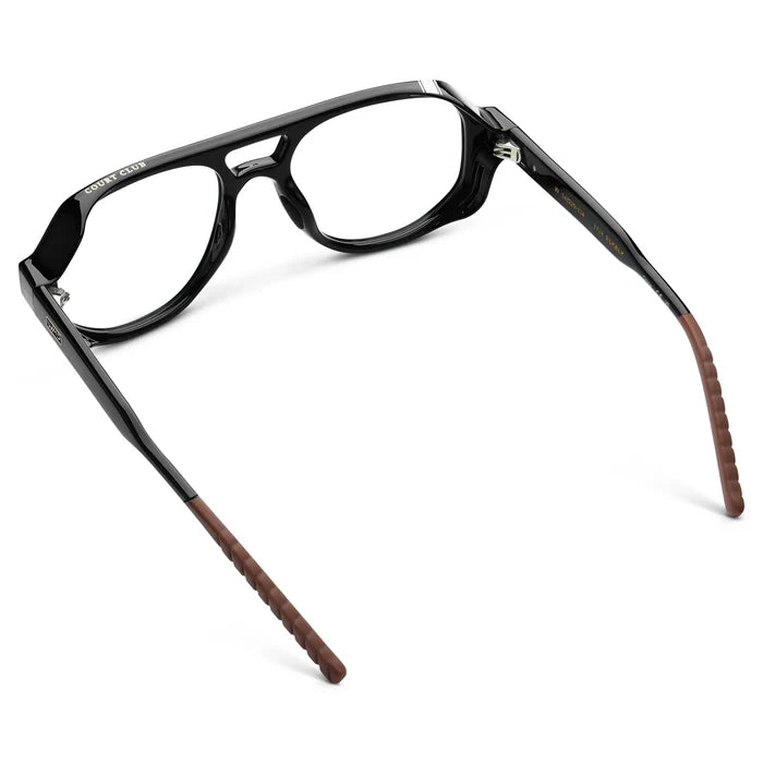 Black || Back view of Men's Geometric Aviator Prescription Eyeglasses with Black Frame and Clear Lens on a white background