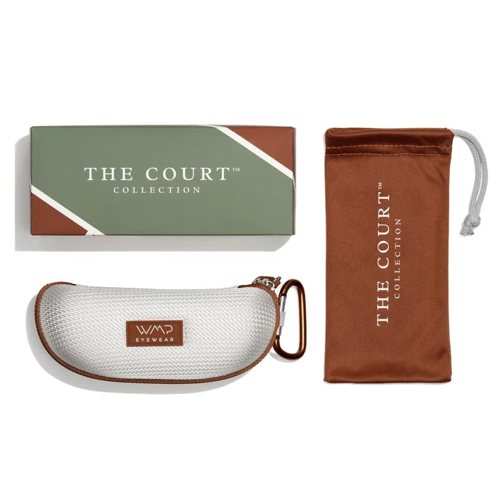 Black || Court Packaging with Multicolored Box, White Hard Shell Case with Brown Zipper and Brown Microfiber Pouch