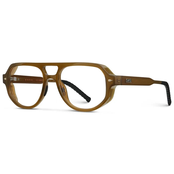 Dune Brown || Side view of Men's Geometric Aviator Prescription Eyeglasses with Dune Brown Frame and Clear Lens on a white background