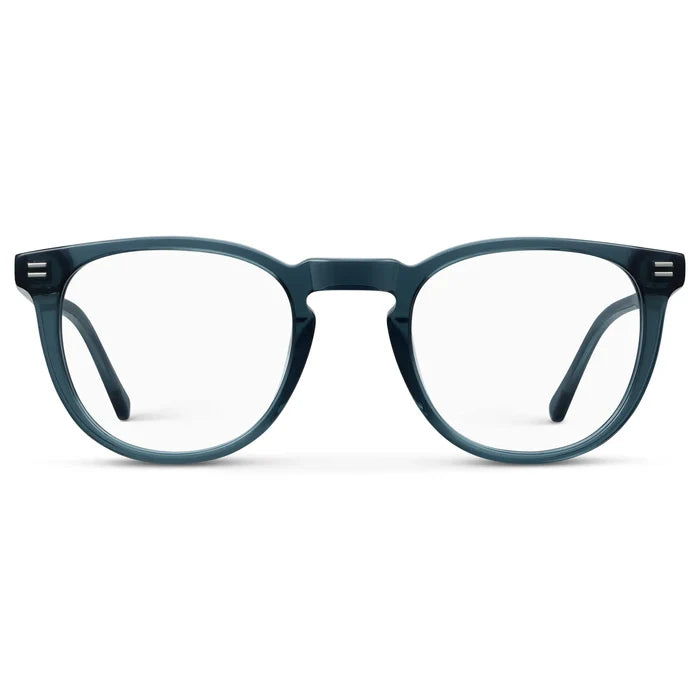 Crystal Steel Blue || Women's Round Blue Light Blocking Glasses with Crystal Steel Blue Acetate Frame and Clear Blue Light Blocking Lens on a white background