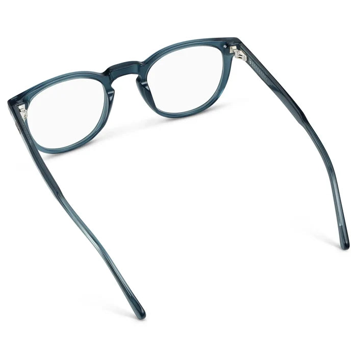 Crystal Steel Blue || Back view of Round Blue Light Blocking Glasses with Crystal Steel Blue Acetate Frame and Clear Blue Light Blocking Lens on a white background