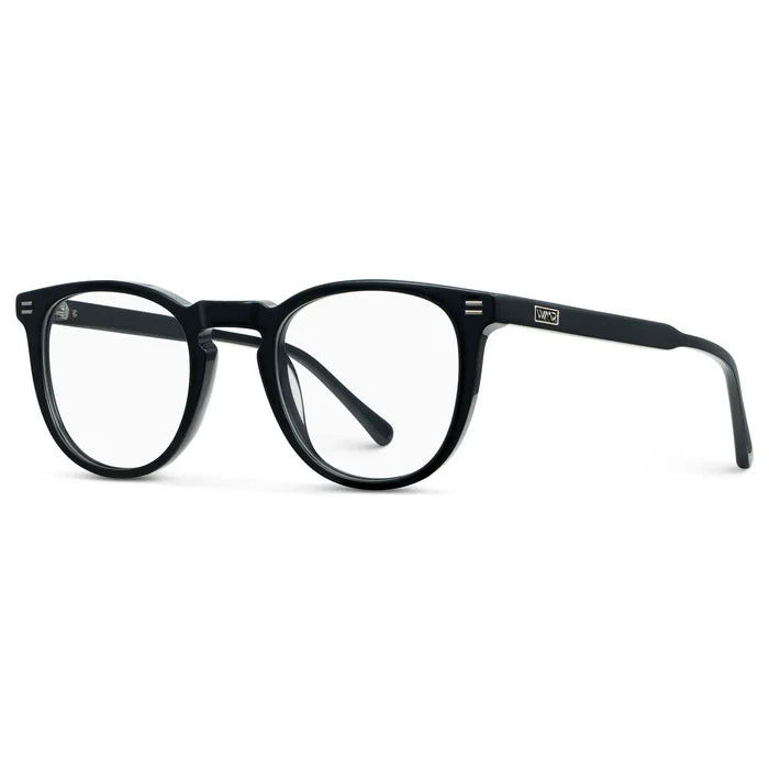 Black || Side view of Women's Round Eyeglasses with Black Acetate Frame and Clear Prescription Lens on a white background