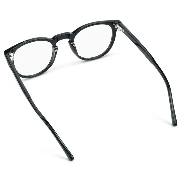 Black || Back view of Women's Round Eyeglasses with Black Acetate Frame and Clear Prescription Lens on a white background